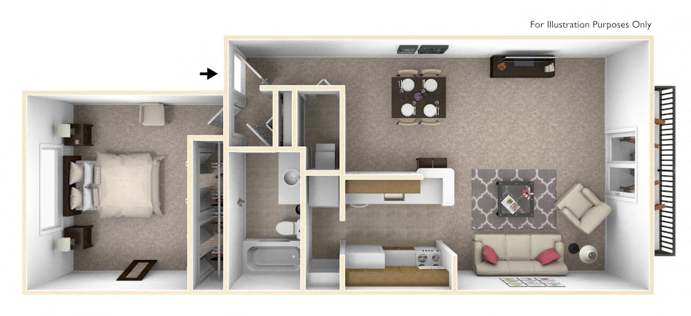 Floor plan for 1 bed, 1 bath, 676 sqft